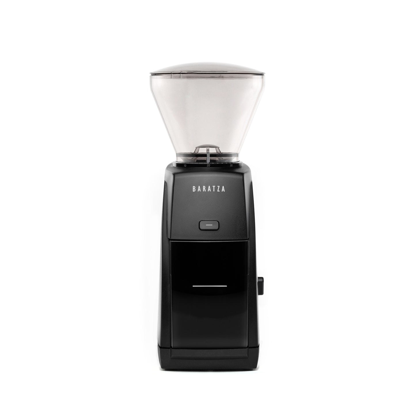 Black coffee grinder with glass container on a white background
