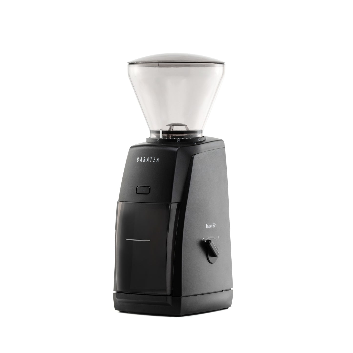 Black coffee grinder with clear top on a white background