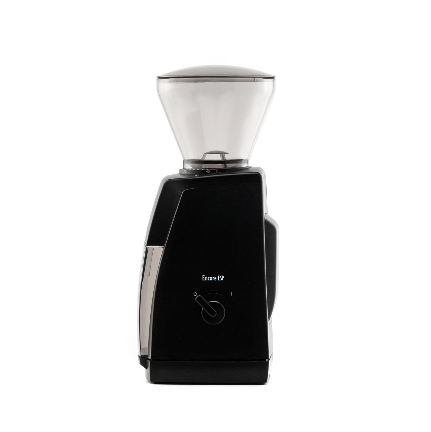 Black coffee grinder with clear top on a white background