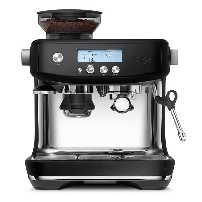 Black coffee machine with digital display on a white background