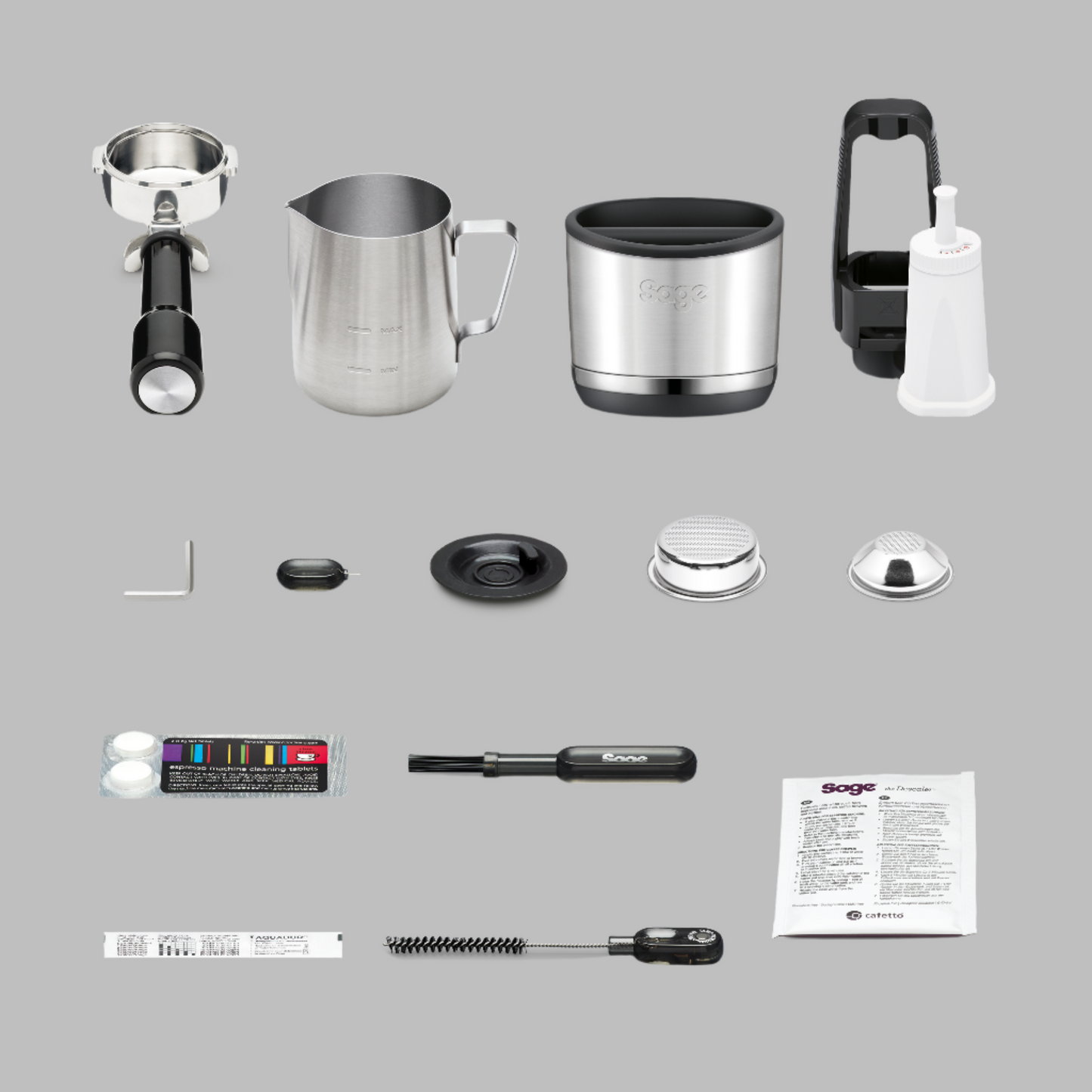 Collection of stainless steel coffee brewing tools on a white background