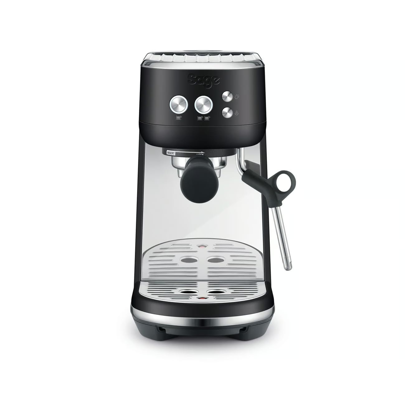 Black coffee machine with clear glass front on a white background