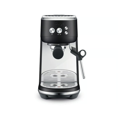 Black coffee machine with clear glass front on a white background