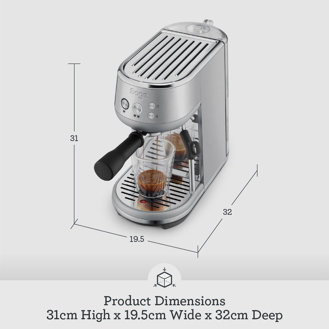 Silver espresso machine with dimensions labeled on a white background