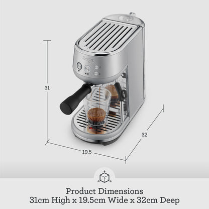 Silver espresso machine with dimensions labeled on a white background