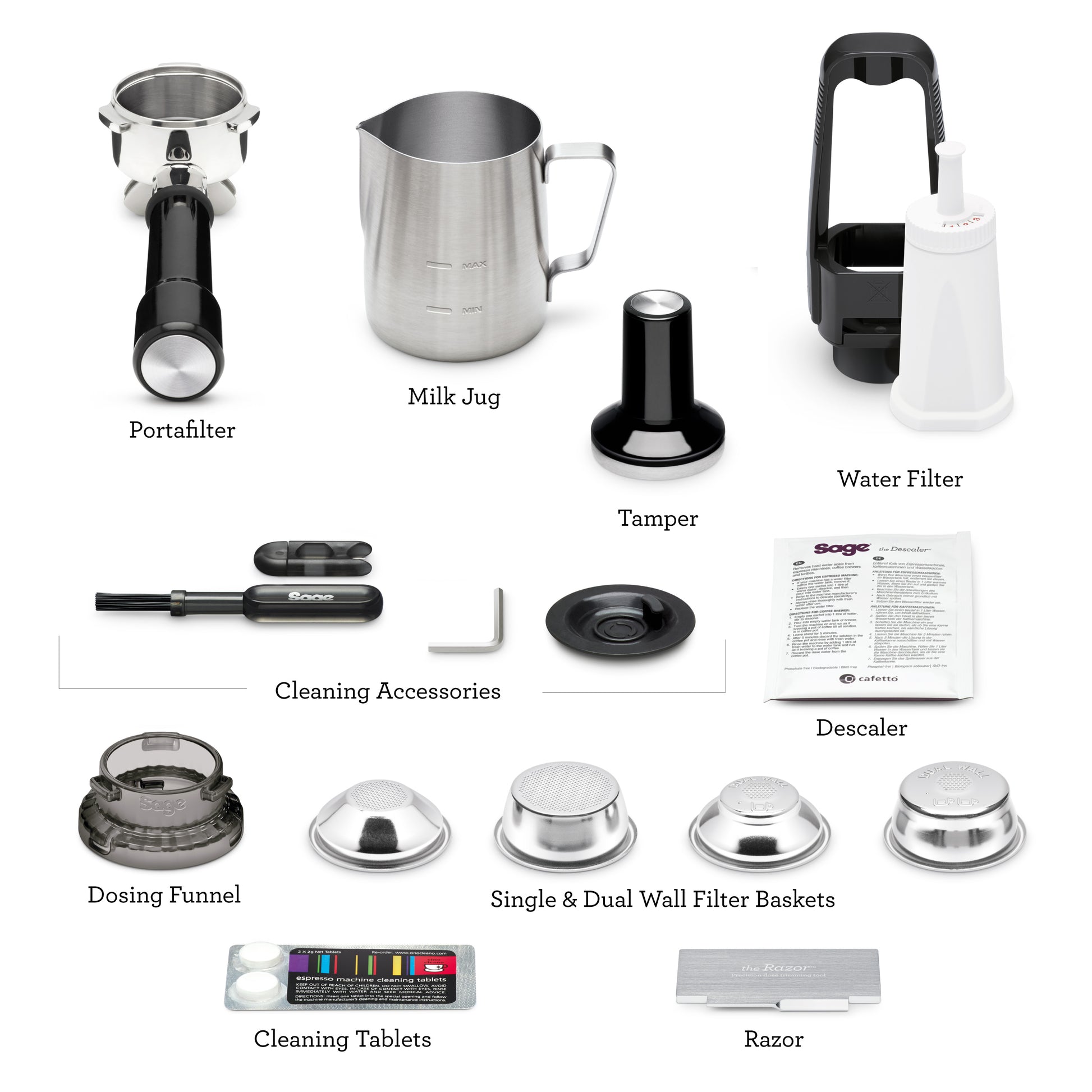Collection of coffee brewing accessories including a portafilter, milk jug, water filter, tamper, cleaning accessories, dosing funnel, filter baskets, and cleaning tablets on a white background.